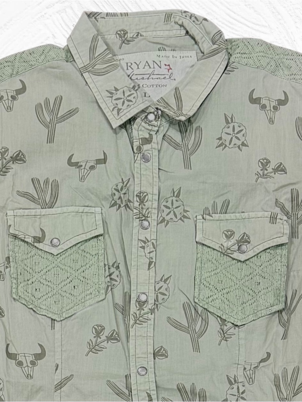 Ryan Michael L Western Cotton Shirt Long Sleeves Snap Cactus Skull Concho Sage